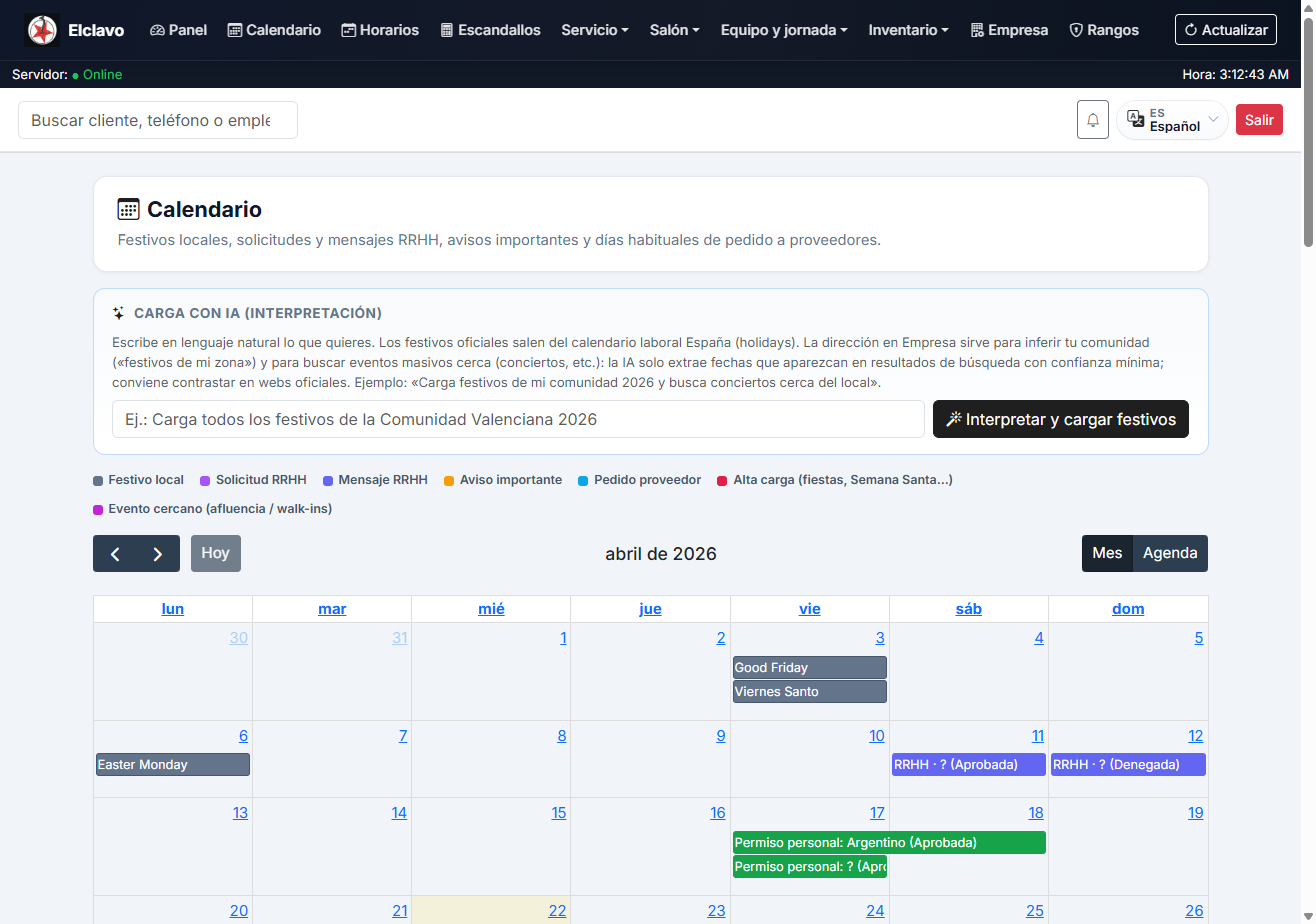 Calendario de equipo y festivos